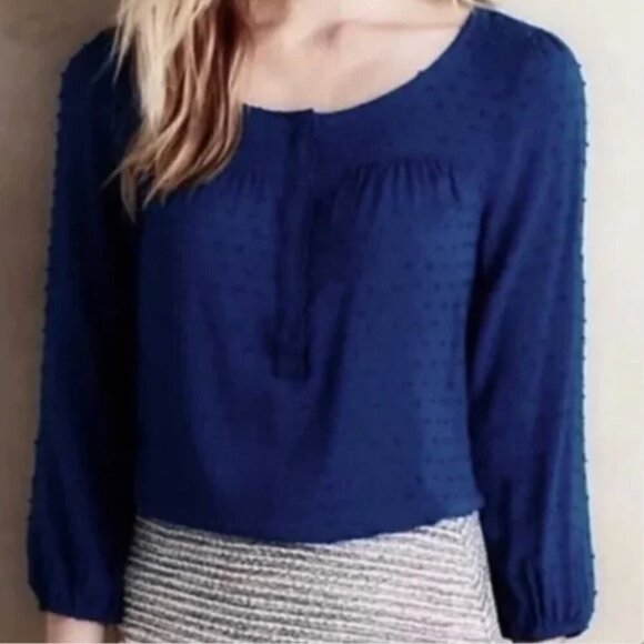 Maeve Navy Blue Emmaline Raised Clip Dot Textured Long Sleeve Blouse Size 12 - Picture 1 of 9